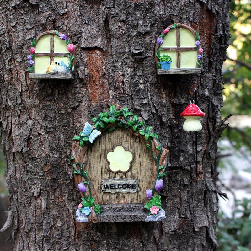 IMOFEE Fairy Door and Windows Garden Kit Accessories Outdoor, Glow in Dark Gnome House for Tree, Lawn Yard Art Sculpture, Miniature Garden Decor (Butterfly) - Image 2